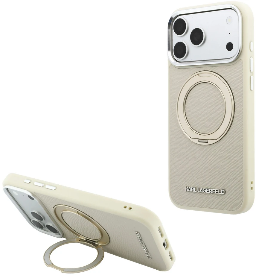 Dėklas Karl Lagerfeld Ring Stand 360 Saffiano Classic Logo MagSafe Case for iPhone 18 Pro Max / 17 Pro Max - rusvai gelsvas