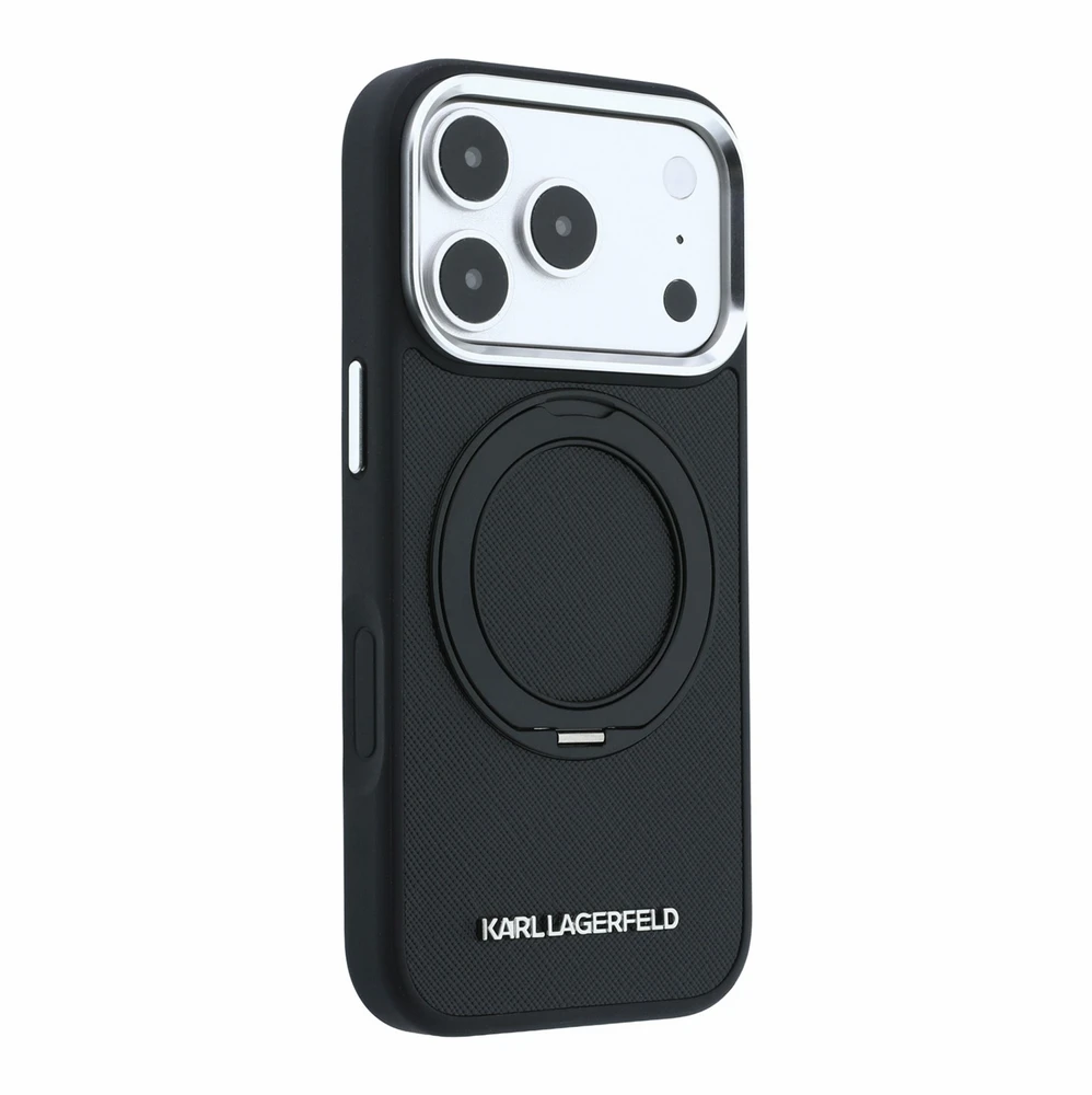 Dėklas Karl Lagerfeld PU Saffiano Ring Stand MagSafe Case for iPhone 18 Pro Juodas
