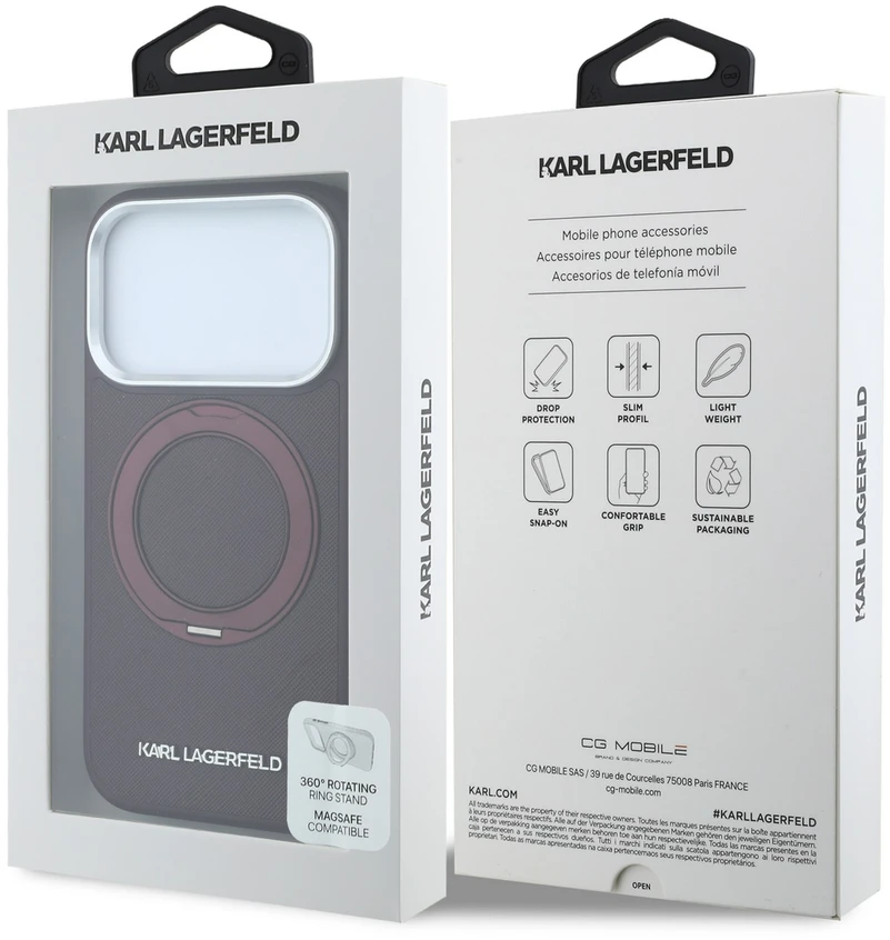 Dėklas Karl Lagerfeld case for IPHONE 18 Pro/17 Pro compatible with MagSafe (Ring Stand 360 Saffiano Classic Logo) burgundy