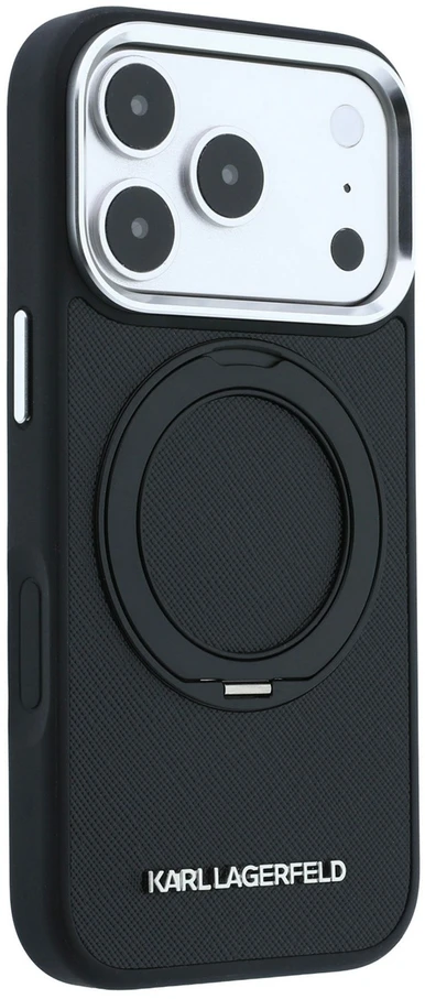 Dėklas Karl Lagerfeld case for IPHONE 18 Pro Max/17 Pro Max compatible with MagSafe (Ring Stand 360 Saffiano Classic Logo) juodas