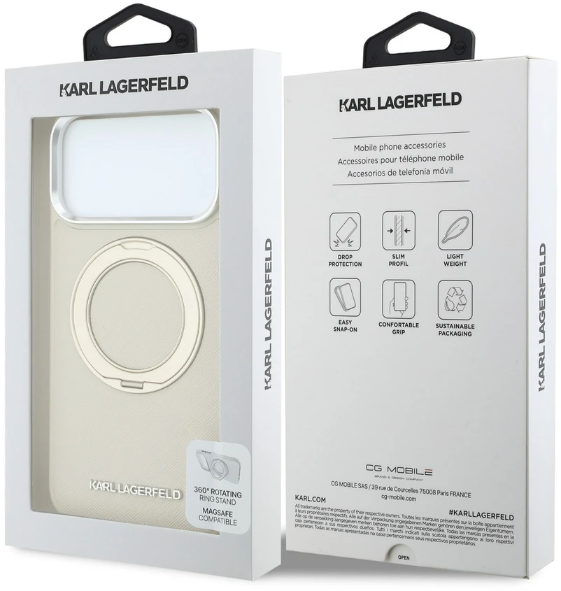 Dėklas Karl Lagerfeld Ring Stand 360 Saffiano Classic Logo MagSafe Case for iPhone 18 Pro Max / 17 Pro Max - rusvai gelsvas