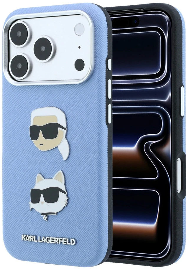 Karl Lagerfeld Saffiano su Karl & Choupette galvų smeigtukais ir logotipu dėklas iPhone 18 Pro / 17 Pro - šviesiai mėlynas