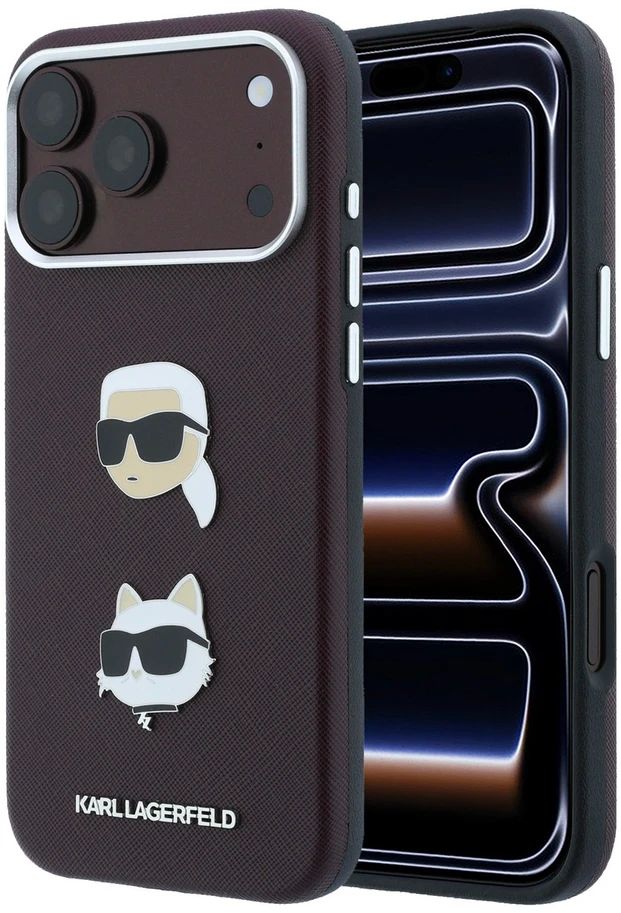 Karl Lagerfeld PU Semi Wrap Saffiano K&CH Heads dėklas, skirtas iPhone 18 Pro Max, bordo spalvos