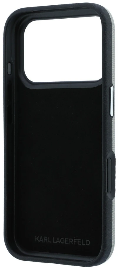 Karl Lagerfeld Saffiano dėklas su Karl & Choupette galvų smeigtukais ir logotipu, skirtas iPhone 18 Pro / 17 Pro - Pilkas