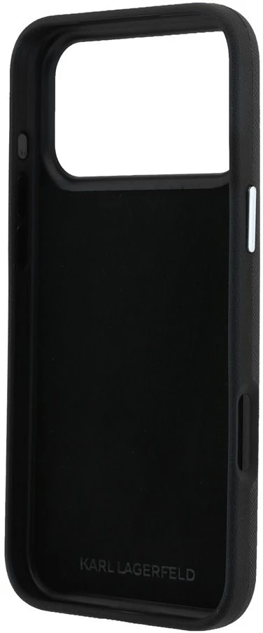 Dėklas Karl Lagerfeld Saffiano Case with Karl & Choupette Heads Pins & Logo for iPhone 18 Pro Max / 17 Pro Max - Juodas