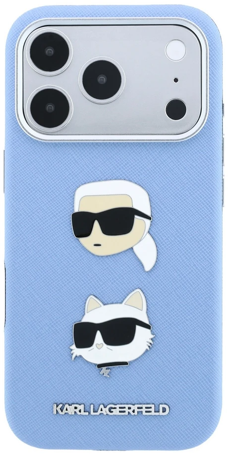 Karl Lagerfeld Saffiano su Karl & Choupette galvų smeigtukais ir logotipu dėklas iPhone 18 Pro / 17 Pro - šviesiai mėlynas