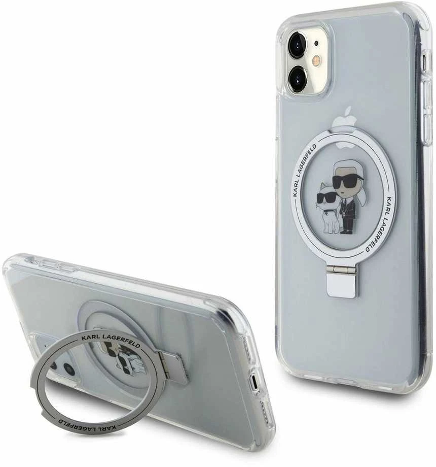 Karl Lagerfeld KLHMN61HMRSKCH Apple iPhone 11/ Xr 6.1″ baltos spalvos kietas dėklas Ring Stand Karl&Choupettte Mag