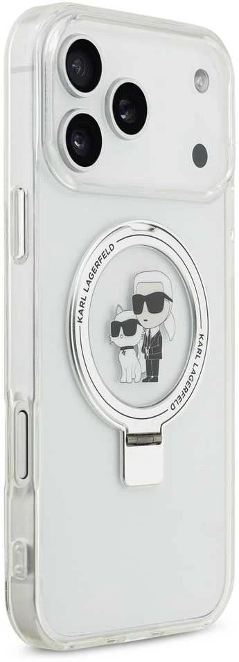 Karl Lagerfeld Ringstand Karl and Choupette MagSafe dėklas skirtas Apple iPhone 17 Pro Max baltos spalvos