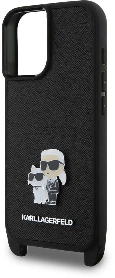 Karl Lagerfeld KLHCP16SSAKCPBK Apple iPhone 16 6.1" dėklas telefonui juodos spalvos Saffiano Karl&Choupette Metal Pin CBDY Strap