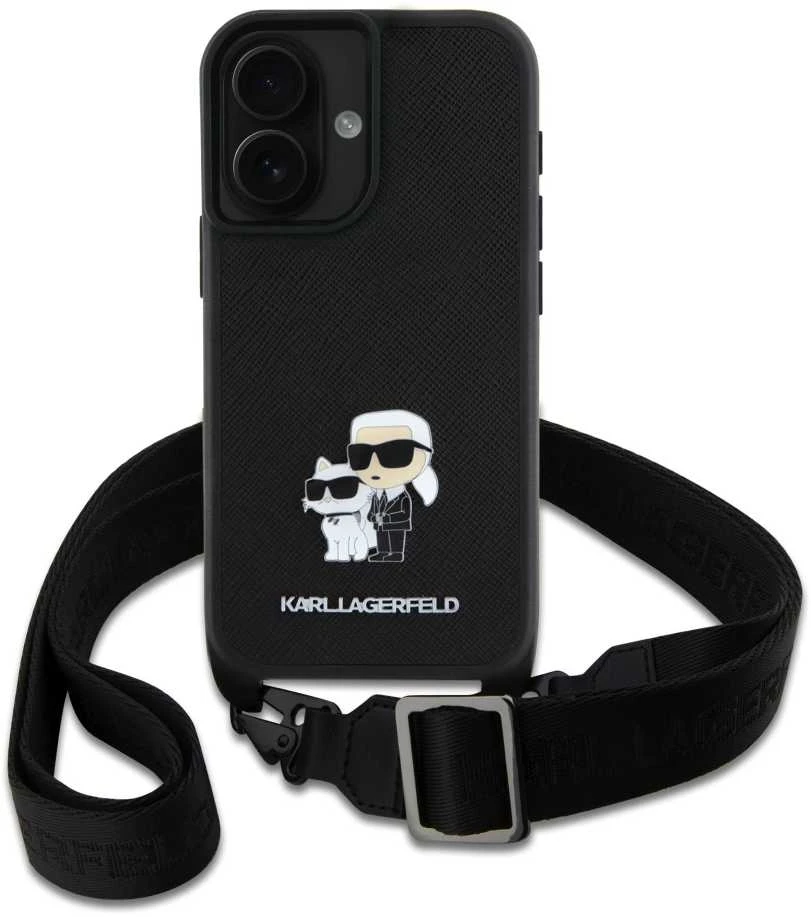 Karl Lagerfeld KLHCP16SSAKCPBK Apple iPhone 16 6.1" dėklas telefonui juodos spalvos Saffiano Karl&Choupette Metal Pin CBDY Strap