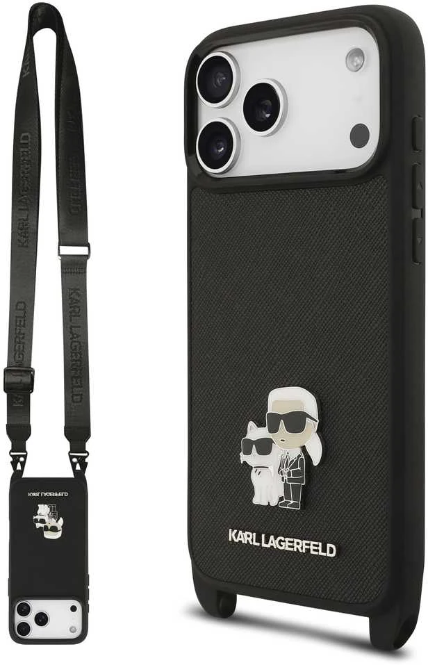 Karl Lagerfeld Saffiano Crossbody Strap Metal Karl and Choupette dėklas skirtas Apple iPhone 17 Pro juodos spalvos