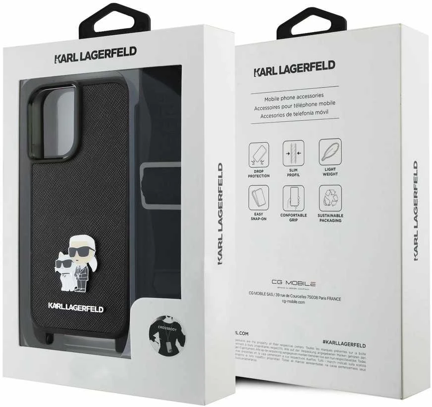 Karl Lagerfeld KLHCP16SSAKCPBK Apple iPhone 16 6.1" dėklas telefonui juodos spalvos Saffiano Karl&Choupette Metal Pin CBDY Strap