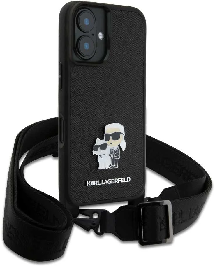 Karl Lagerfeld KLHCP16SSAKCPBK Apple iPhone 16 6.1" dėklas telefonui juodos spalvos Saffiano Karl&Choupette Metal Pin CBDY Strap