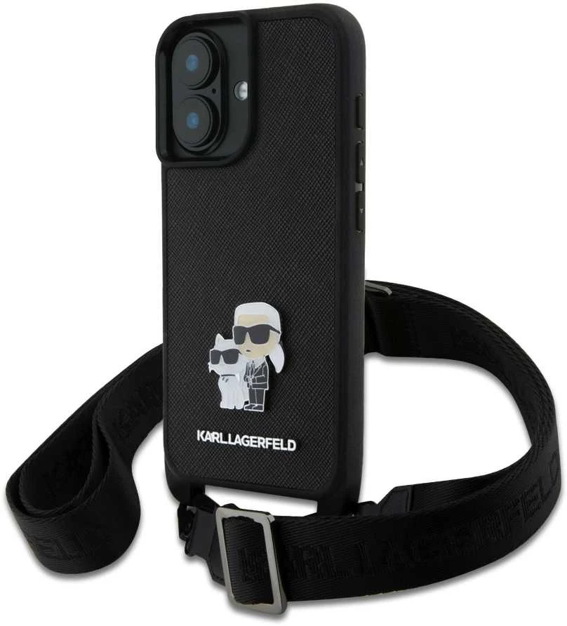 Karl Lagerfeld KLHCP16SSAKCPBK Apple iPhone 16 6.1" dėklas telefonui juodos spalvos Saffiano Karl&Choupette Metal Pin CBDY Strap