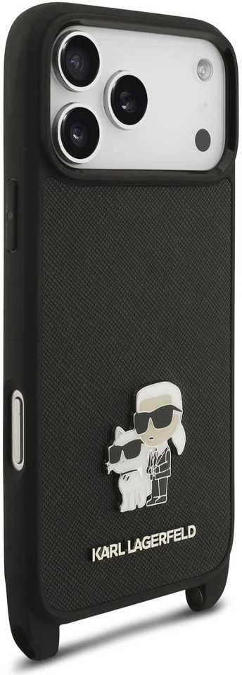 Karl Lagerfeld Saffiano Crossbody Strap Metal Karl and Choupette dėklas skirtas Apple iPhone 17 Pro juodos spalvos