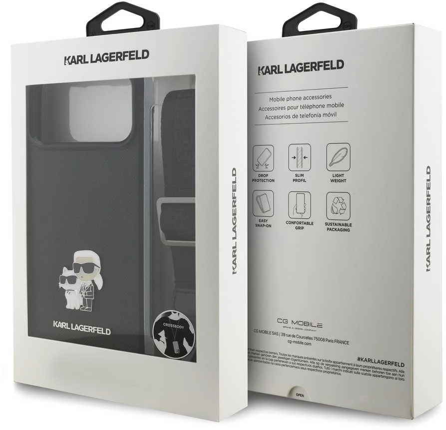 Karl Lagerfeld Saffiano Crossbody Strap Metal Karl and Choupette dėklas skirtas Apple iPhone 17 Pro juodos spalvos