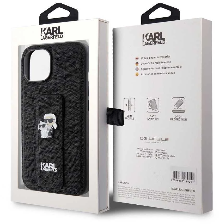Dėklas Karl Lagerfeld KLHCP15SGSAKCPK IPHONE 15/14/13 6.1 "Juodas / Juodas HARDCASE GRIPSTAND SAFFIANO KARL & CHUPETTE PINS
