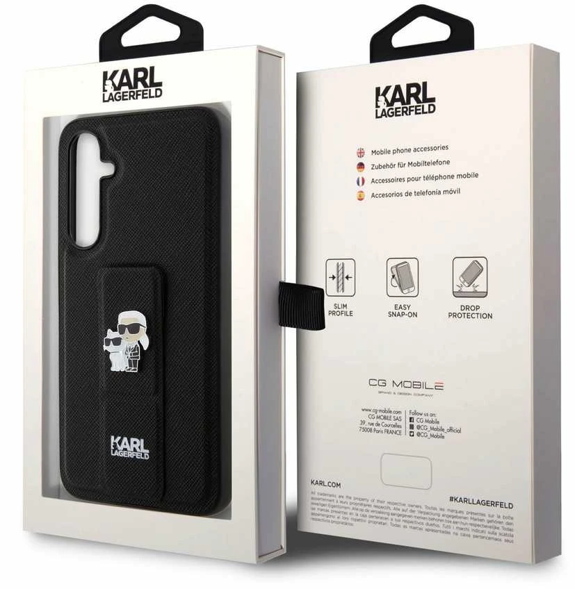 Samsung Galaxy S23 FE Karl Lagerfeld Dėklas Gripstand Saffiano Karl&Choupette Pins (KLHCS23FEGSAKCPK) juodos spalvos