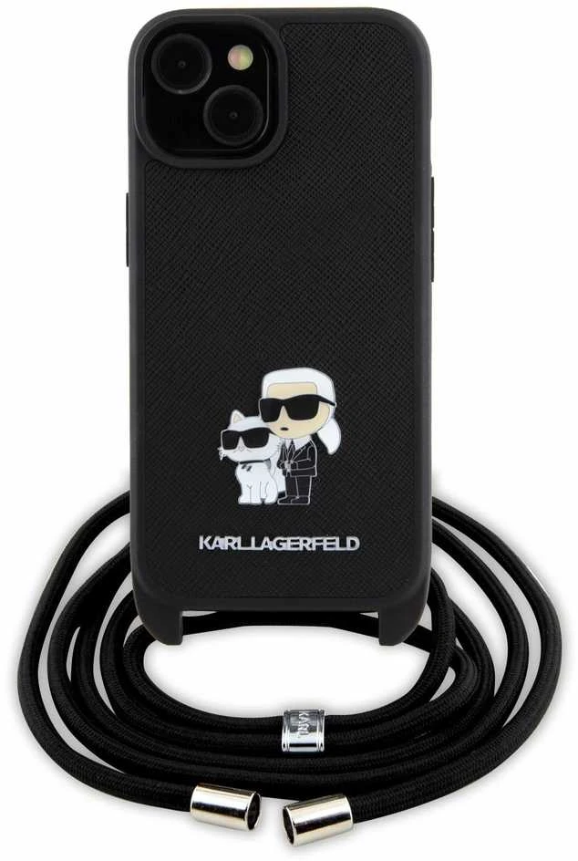 Karl Lagerfeld KLHCP15SSAKCPSK Apple iPhone 15/ 14 / 13 6.1″ kietas dėklas juodos spalvos Crossbody Saffiano Meta