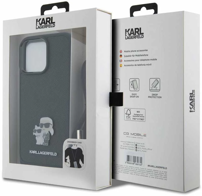 Karl Lagerfeld KLHCP15XSAKCPSK Apple iPhone 15 Pro Max 6.7″ kietas dėklas juodos spalvos Crossbody Saffiano Metal