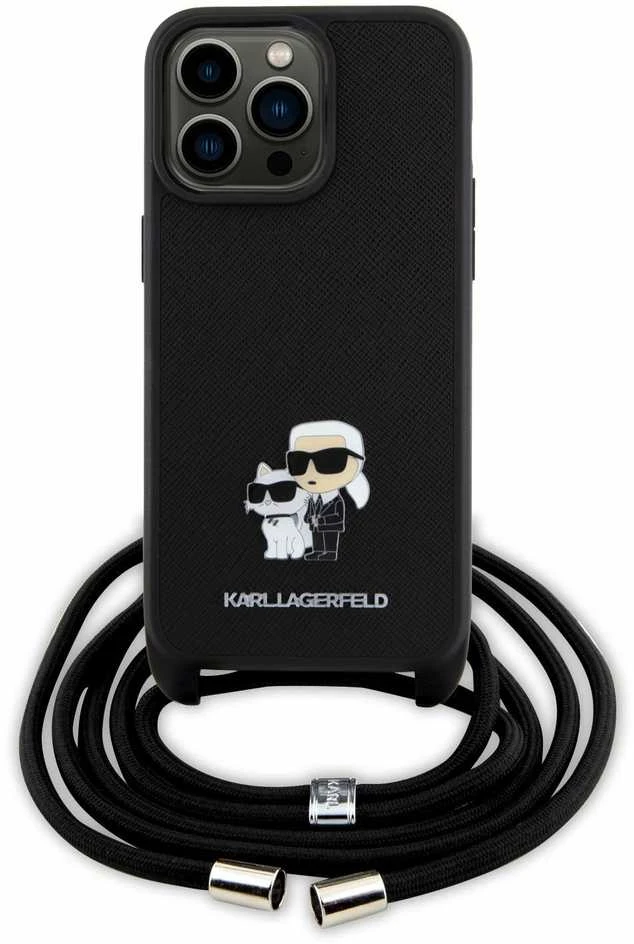 Karl Lagerfeld KLHCP15XSAKCPSK Apple iPhone 15 Pro Max 6.7″ kietas dėklas juodos spalvos Crossbody Saffiano Metal