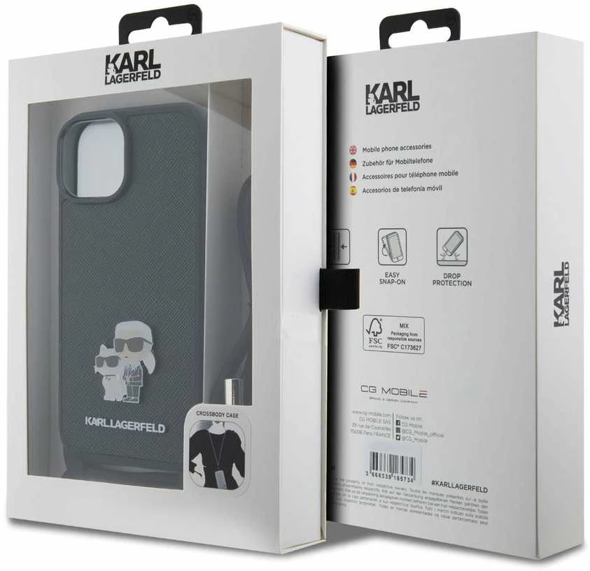 Karl Lagerfeld KLHCP15SSAKCPSK Apple iPhone 15/ 14 / 13 6.1″ kietas dėklas juodos spalvos Crossbody Saffiano Meta