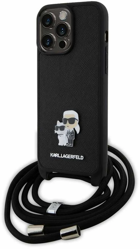 Karl Lagerfeld KLHCP15XSAKCPSK Apple iPhone 15 Pro Max 6.7″ kietas dėklas juodos spalvos Crossbody Saffiano Metal