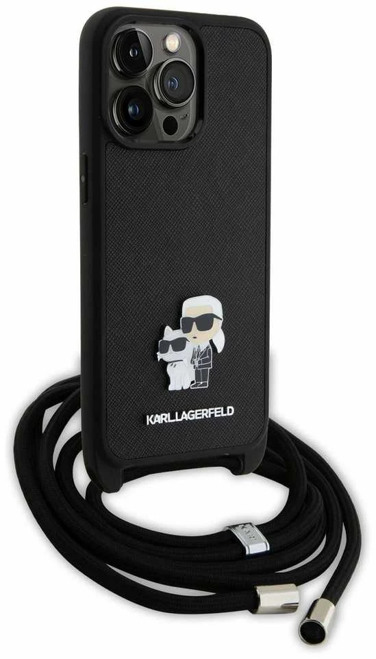 Karl Lagerfeld KLHCP15XSAKCPSK Apple iPhone 15 Pro Max 6.7″ kietas dėklas juodos spalvos Crossbody Saffiano Metal