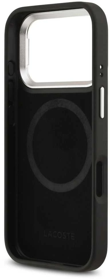 Lacoste Iconic Petit Pique Camera Stand MagSafe dėklas skirtas Apple iPhone 17 Pro juodos spalvos