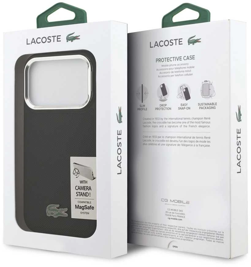 Lacoste Iconic Petit Pique Camera Stand MagSafe dėklas skirtas Apple iPhone 17 Pro juodos spalvos