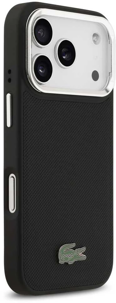 Lacoste Iconic Petit Pique Camera Stand MagSafe dėklas skirtas Apple iPhone 17 Pro juodos spalvos