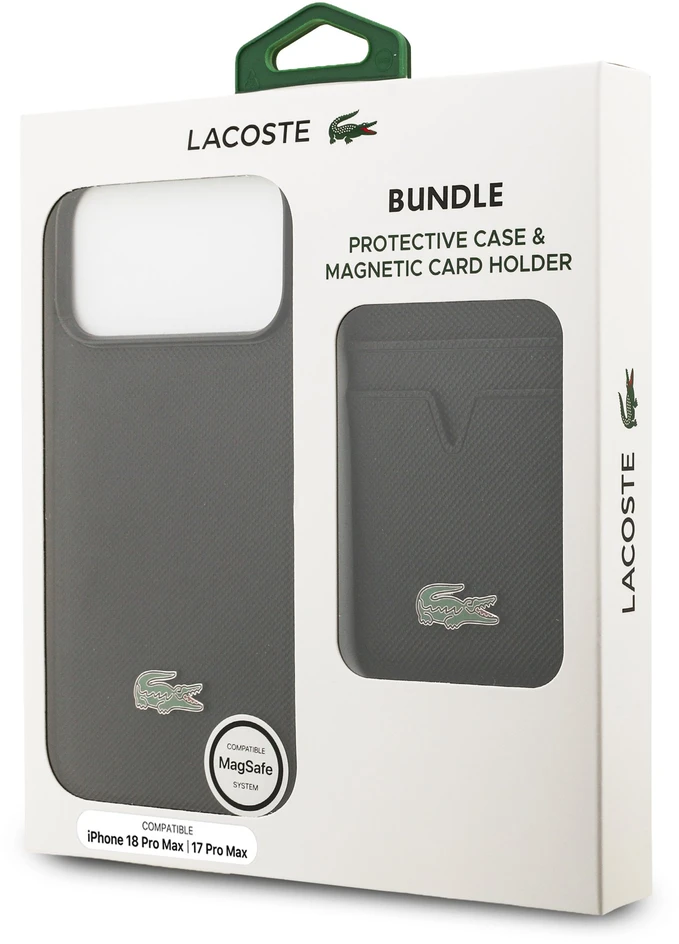 Lacoste Iconic Petit Pique MagSafe dėklas + piniginė, skirta iPhone 18 Pro Max, juoda