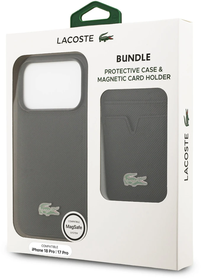 Lacoste Iconic Petit Pique MagSafe dėklas + piniginė, skirta iPhone 18 Pro, juoda