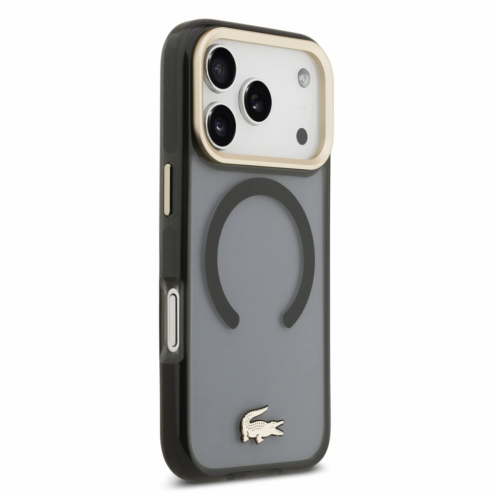 Lacoste IML Shockproof Petit Pique Gold Logo MagSafe dėklas skirtas iPhone 18 Pro juodos spalvos