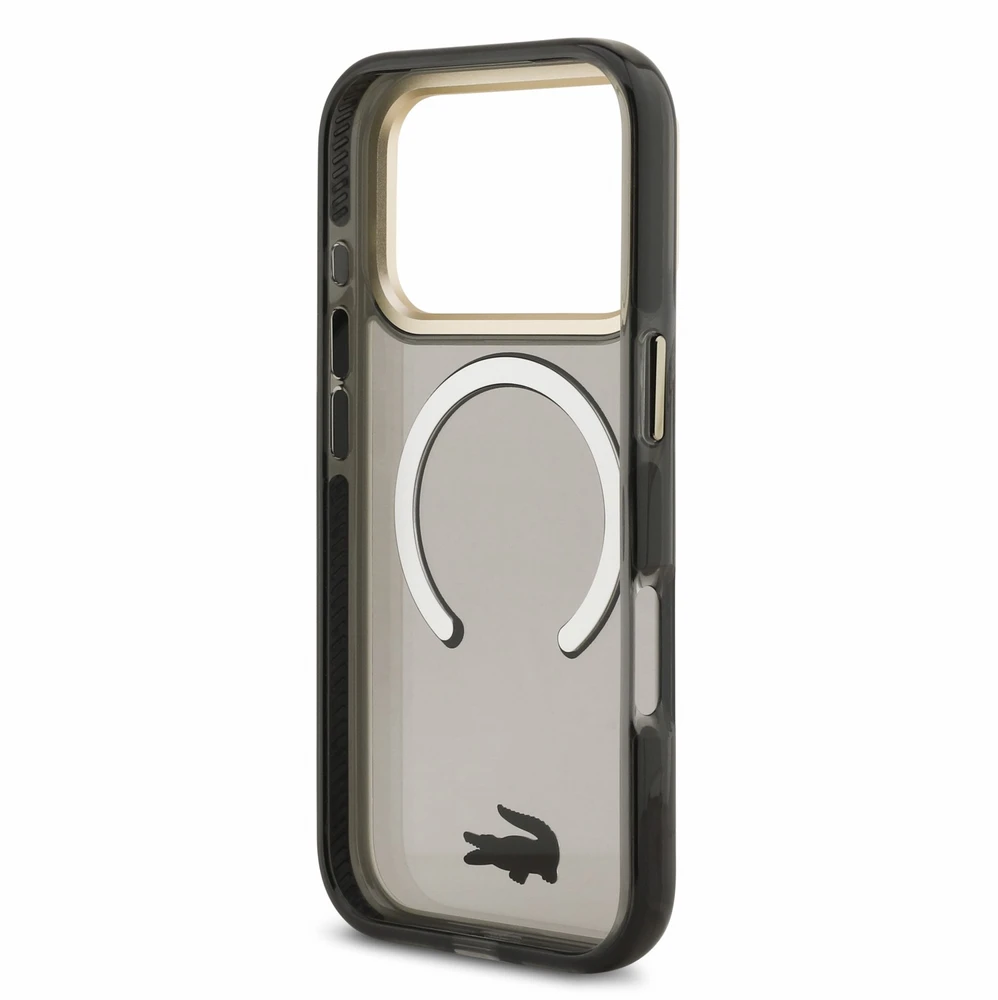 Lacoste IML Shockproof Petit Pique Gold Logo MagSafe dėklas skirtas iPhone 18 Pro juodos spalvos