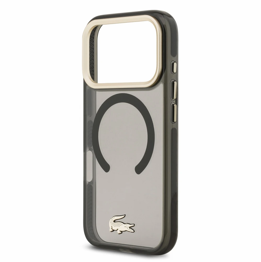 Lacoste IML Shockproof Petit Pique Gold Logo MagSafe dėklas skirtas iPhone 18 Pro juodos spalvos