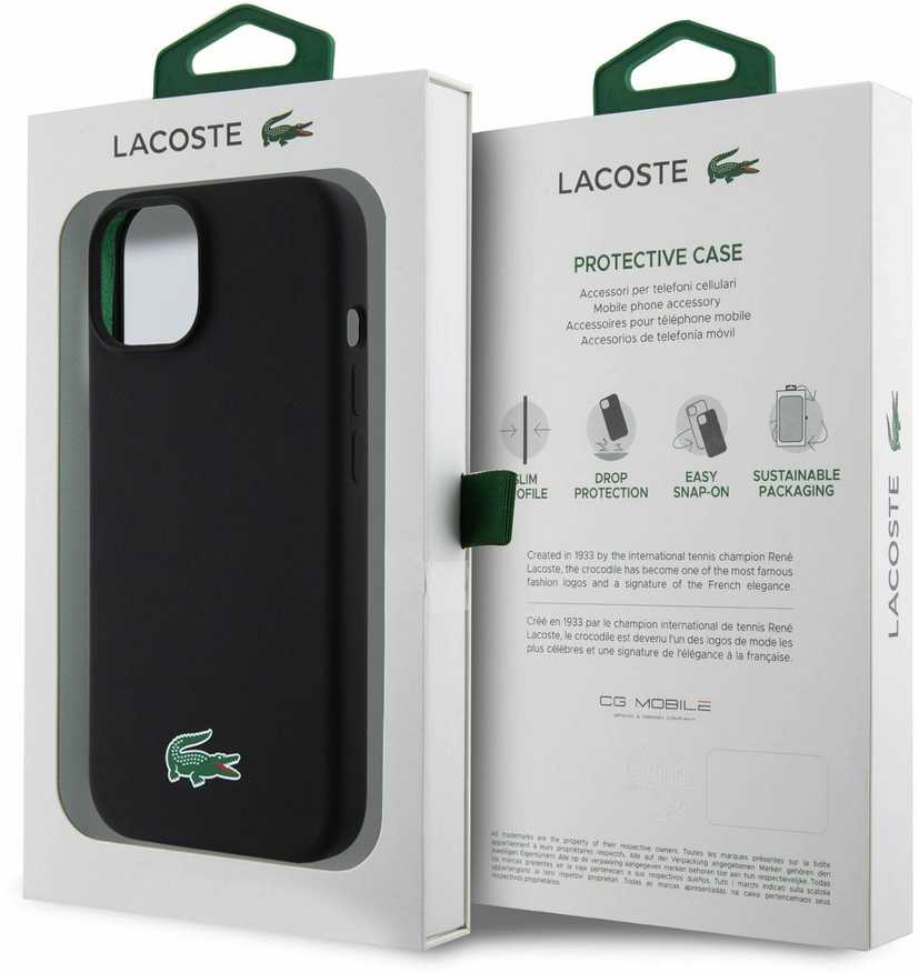Lacoste Liquid Silicone Microfiber Croc Logo MagSafe dėklas skirtas Apple iPhone 15 juodos spalvos