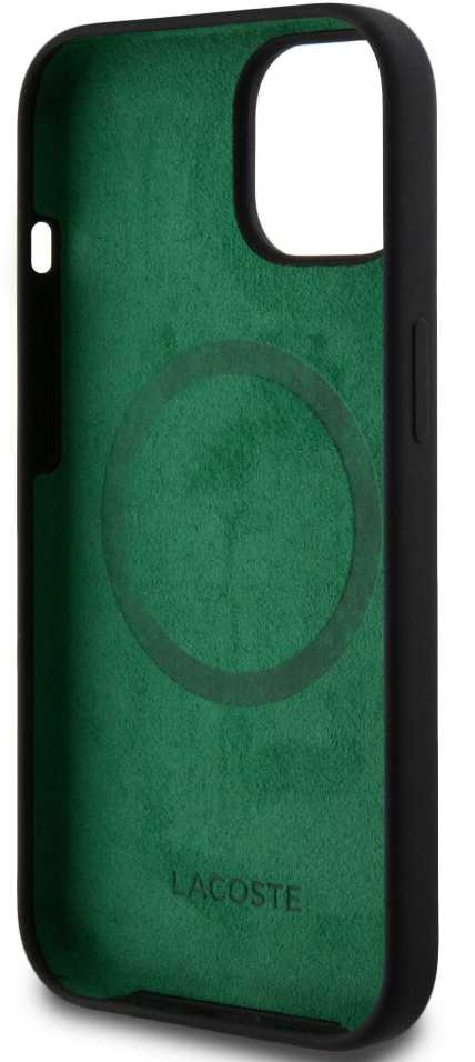 Lacoste Liquid Silicone Microfiber Croc Logo MagSafe dėklas skirtas Apple iPhone 15 juodos spalvos