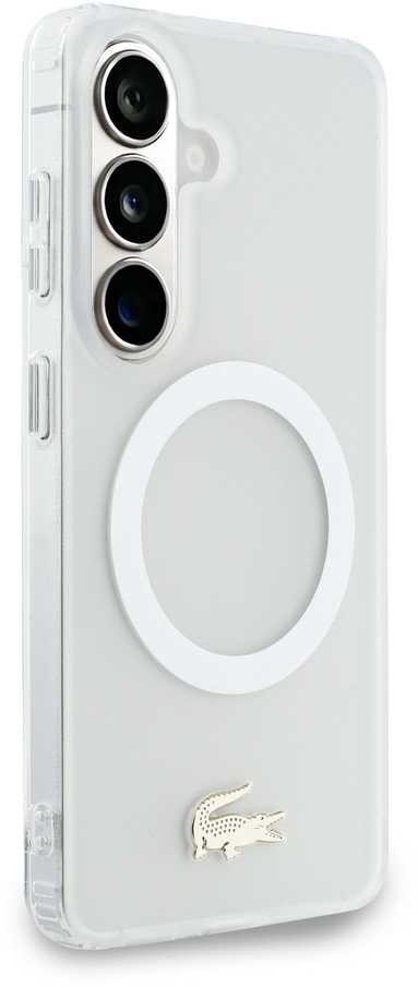 Lacoste PC/TPU Frosted Finish Gold Logo Magnetic dėklas skirtas Samsung Galaxy S26 Baltas