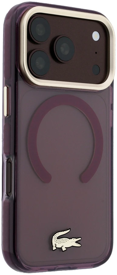 Lacoste PC/TPU matinis dėklas su auksiniu logotipu ir MagSafe funkcija, skirtas iPhone 18 Pro Max, bordo spalvos