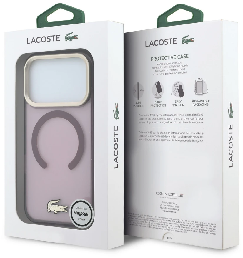Lacoste PC/TPU matinis dėklas su auksiniu logotipu ir MagSafe funkcija, skirtas iPhone 18 Pro Max, bordo spalvos