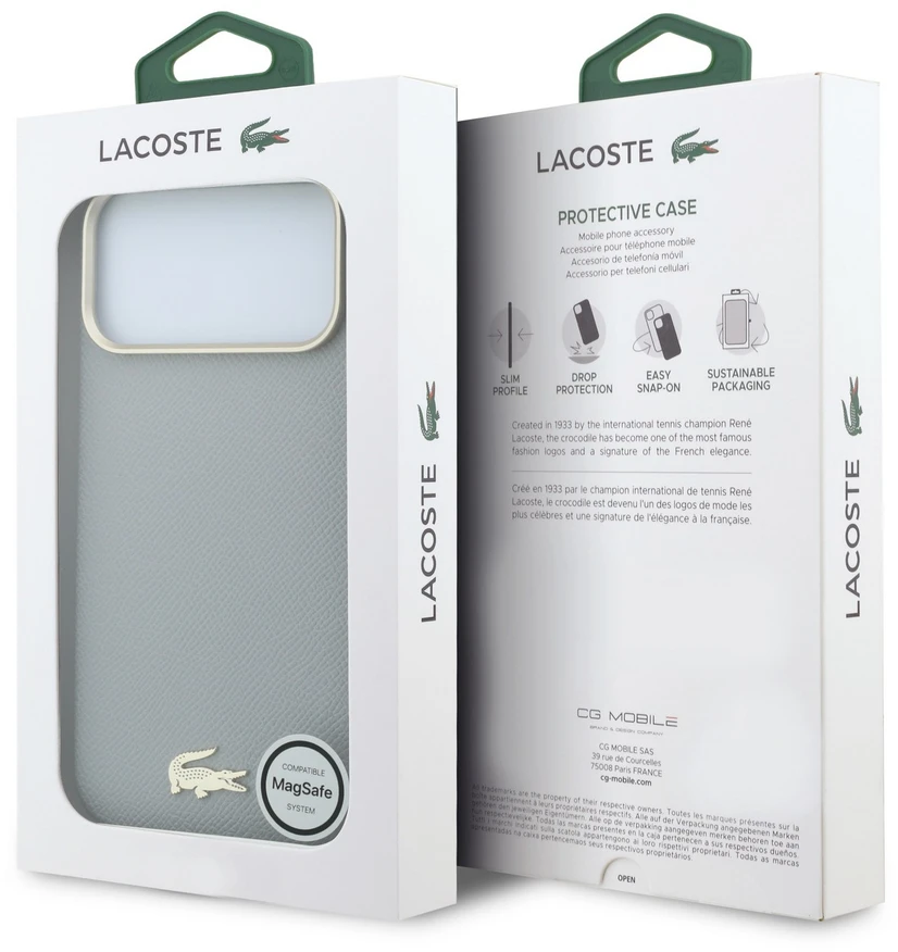 Lacoste PU odos Champs Elysees auksinio logotipo MagSafe dėklas, skirtas iPhone 18 Pro Max, šviesiai pilkas