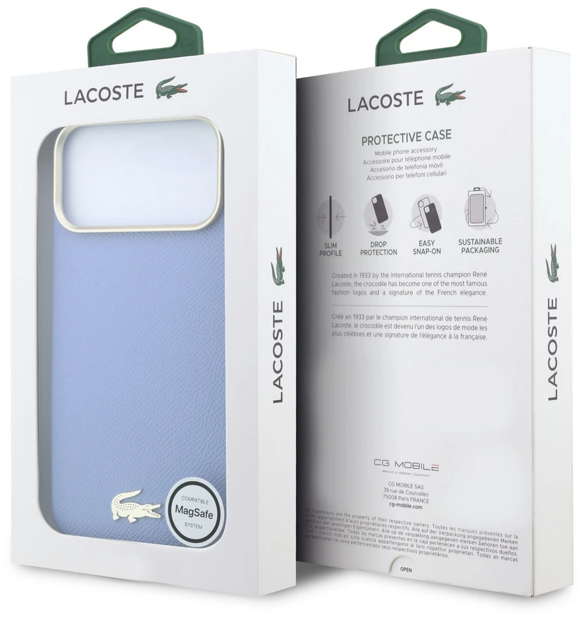 Lacoste PU odos Champs Elysees auksinio logotipo MagSafe dėklas, skirtas iPhone 18 Pro, mėlynas