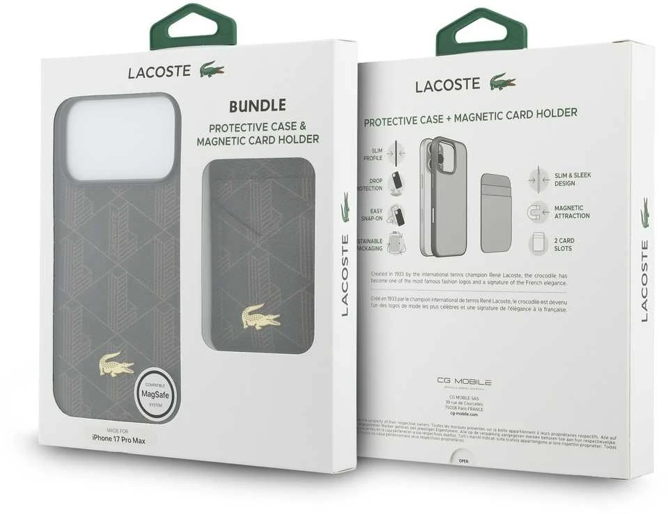 „Lacoste“ PVC mišinio „MagSafe“ dėklas ir piniginė, skirtas „Apple iPhone 17 Pro Max“, rudos spalvos