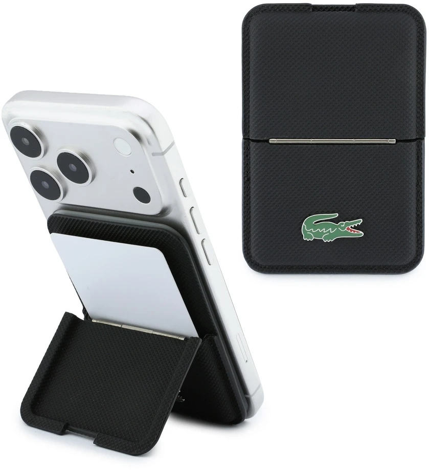 Dėklas Lacoste PVC Iconic Petit Pique MagSafe piniginė su stovu, juoda