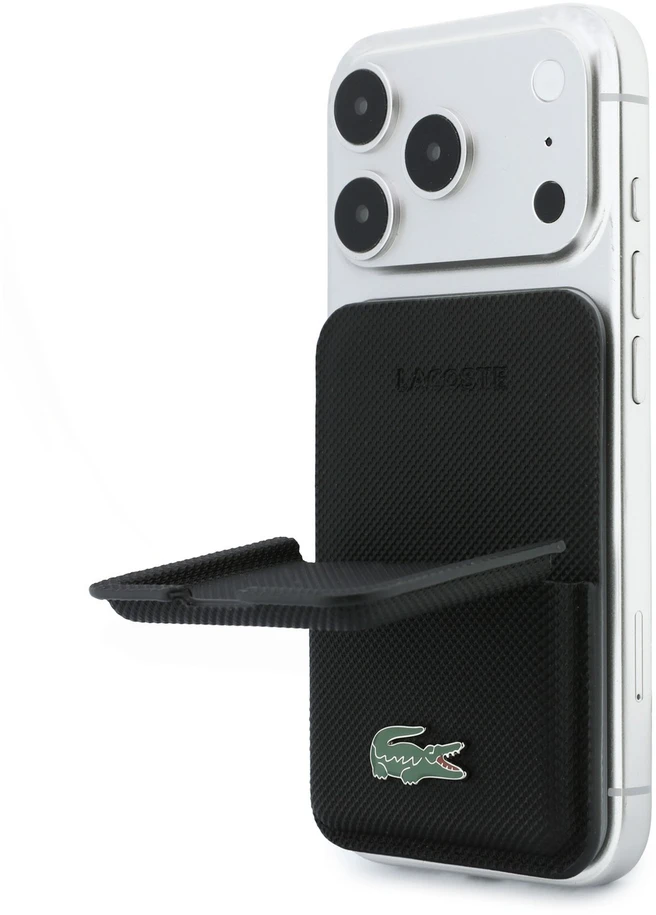 Dėklas Lacoste PVC Iconic Petit Pique MagSafe piniginė su stovu, juoda