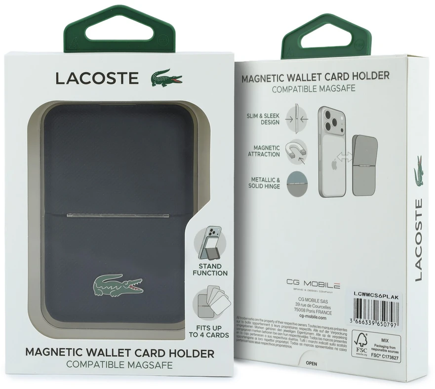 Dėklas Lacoste PVC Iconic Petit Pique MagSafe piniginė su stovu, juoda