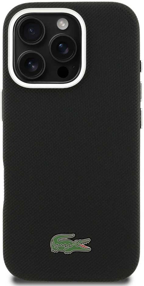 Lacoste PVC Iconic Petit Pique Metal Logo MagSafe dėklas skirtas Apple iPhone 16 Pro juodos spalvos