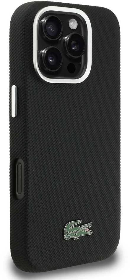 Lacoste PVC Iconic Petit Pique Metal Logo MagSafe dėklas skirtas Apple iPhone 16 Pro juodos spalvos