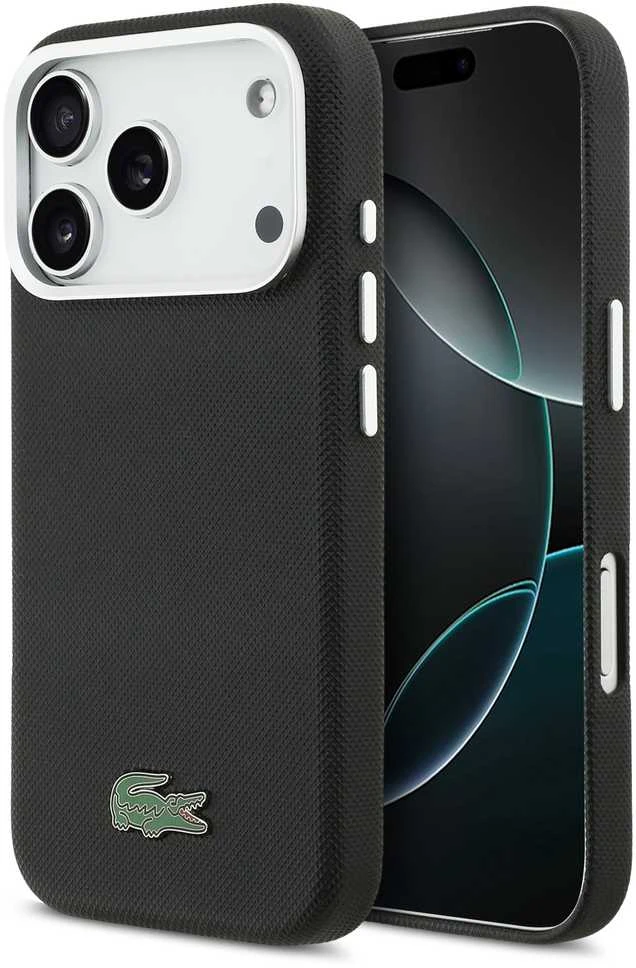 Lacoste Iconic Petit Pique Metal Logo MagSafe dėklas skirtas Apple iPhone 17 Pro Max juodos spalvos
